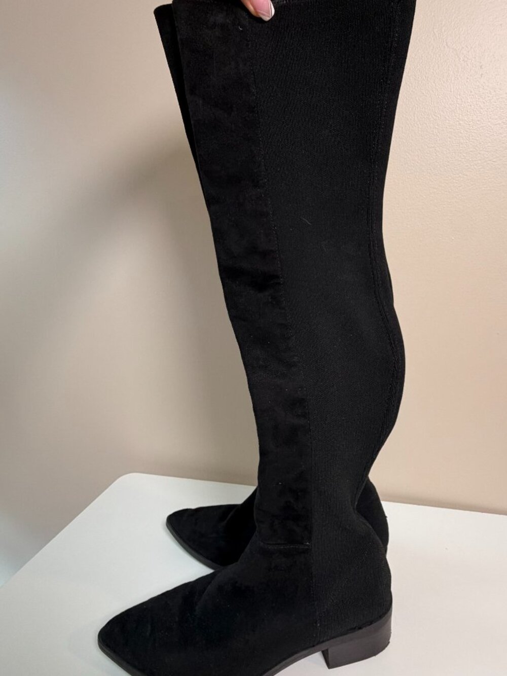 Black Suede Over-the-Knee Pointed-Toe Boots, Size 7